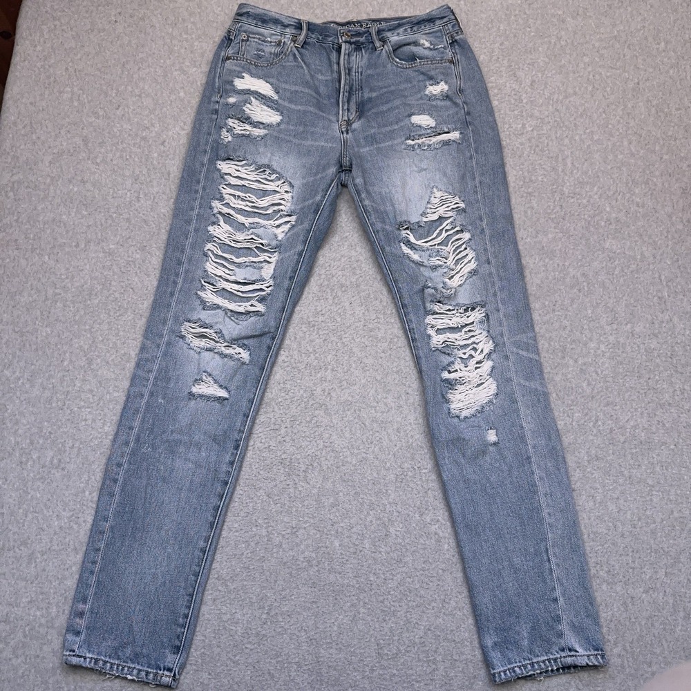 American Eagle Hi-Rise Girlfriend Jeans Women's 8 X-LONG Distressed Button‎ Fly
